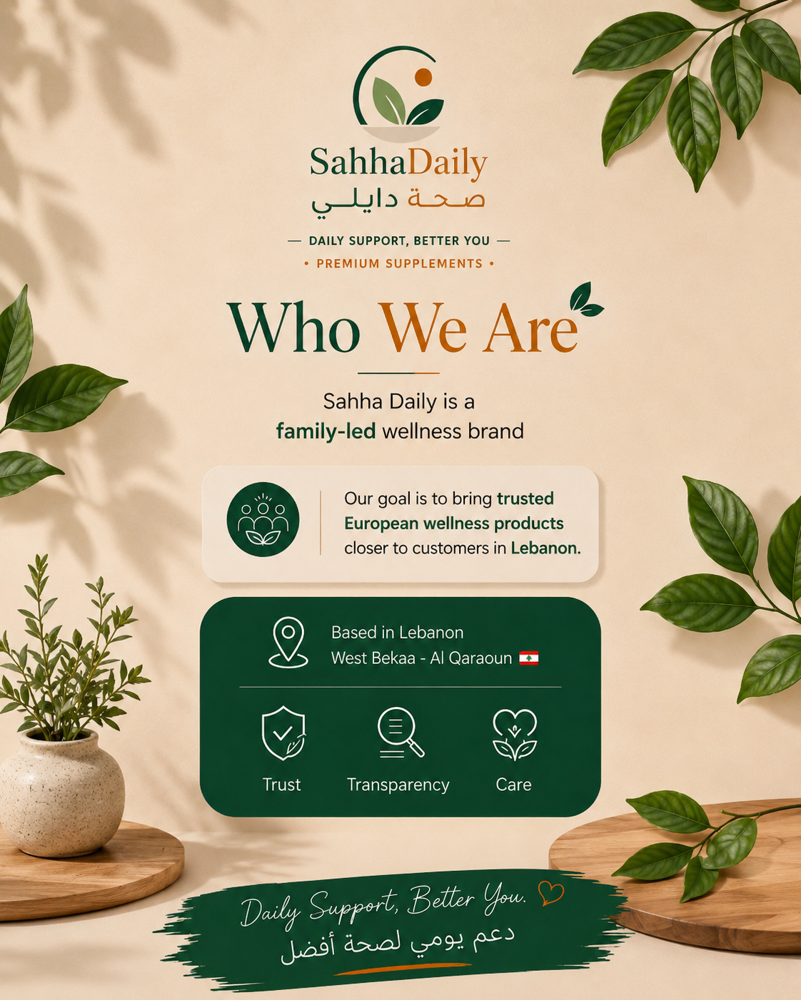 Who we are: SahhaDaily, a family-led wellness brand based in Lebanon